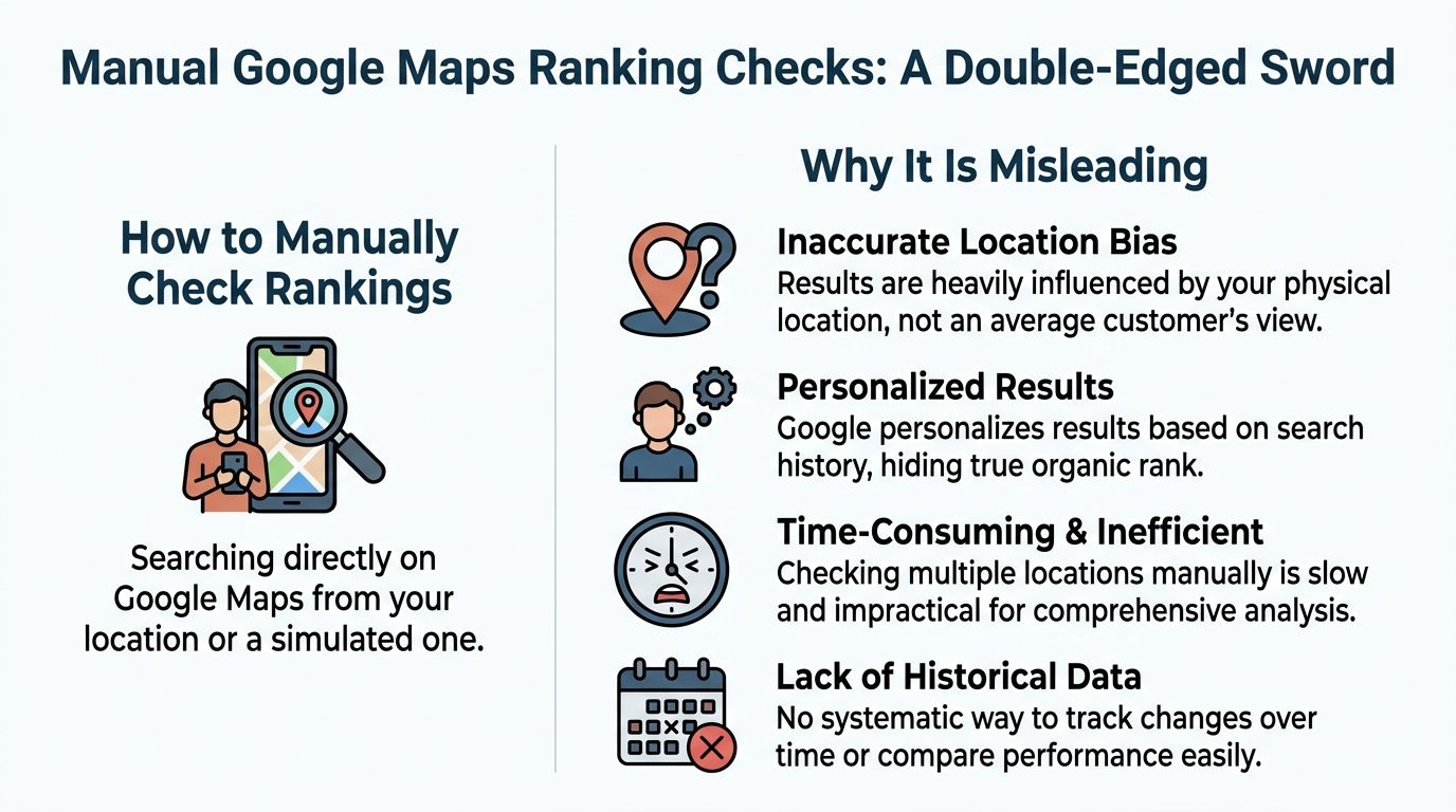 Master Local SEO with Our Google Map Ranking Checker 1 - VisiLocali An infographic titled Manual Google Maps Ranking Checks illustrating why manual searching for rankings is often misleading.