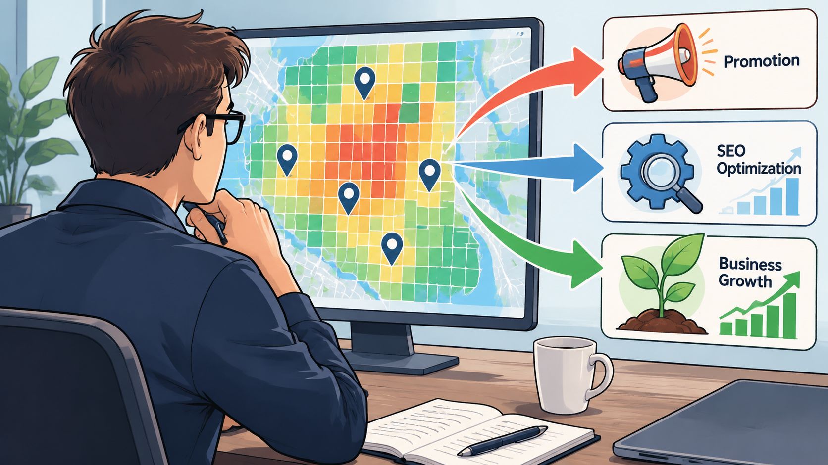 Master Local SEO with Our Google Map Ranking Checker 4 - VisiLocali A professional analyzing a digital map on a computer screen for SEO optimization and business growth strategies.