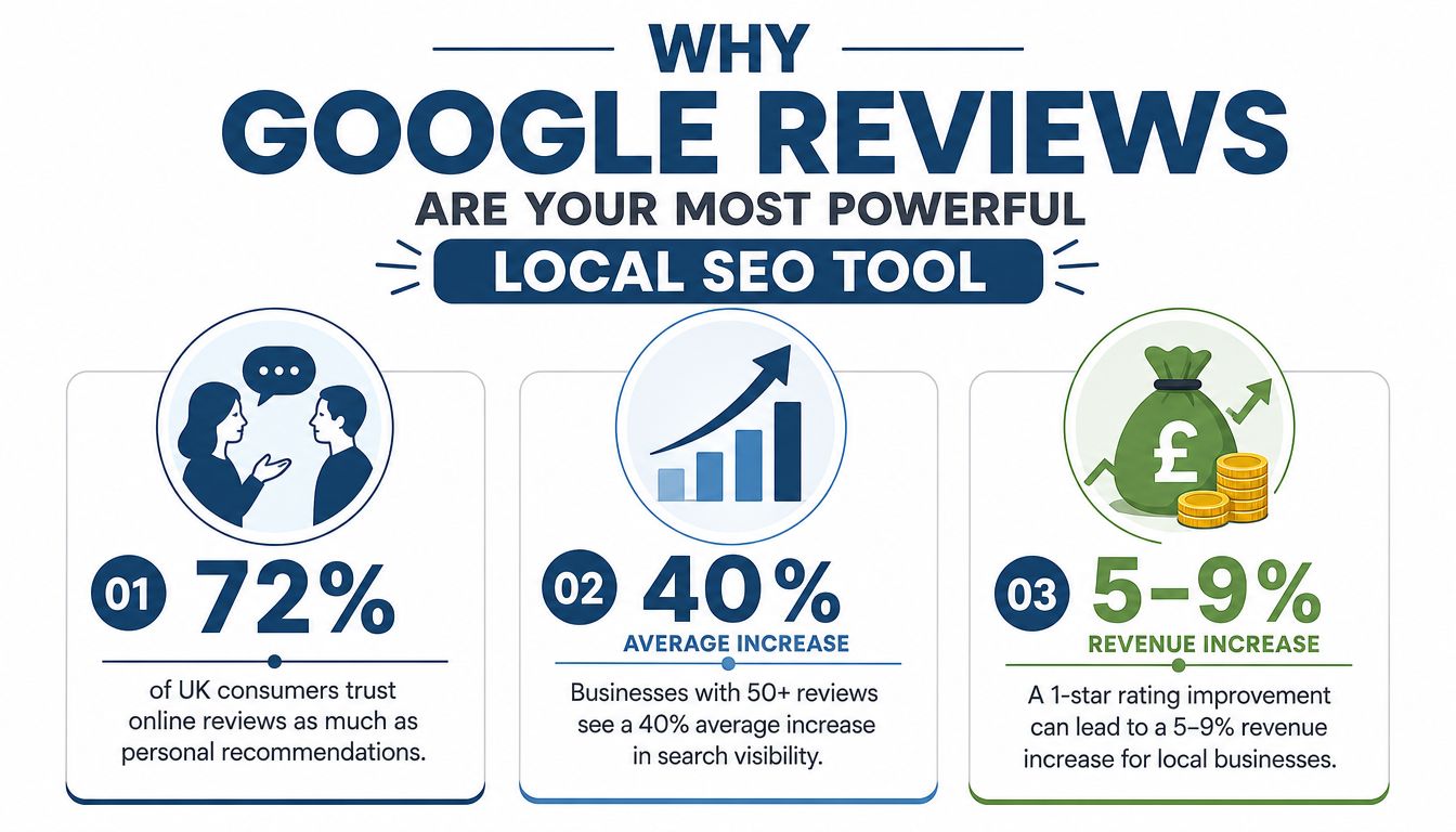 Google Review Management: A 2026 Framework for UK Businesses 1 - VisiLocali An infographic showing three benefits of Google Reviews for local businesses, including increased trust and revenue.