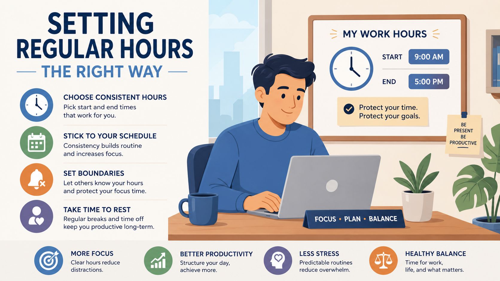 How to Optimise Opening Hours on Google Business Profile 1 - VisiLocali A professional illustration showing tips for setting regular work hours to improve productivity and work-life balance.