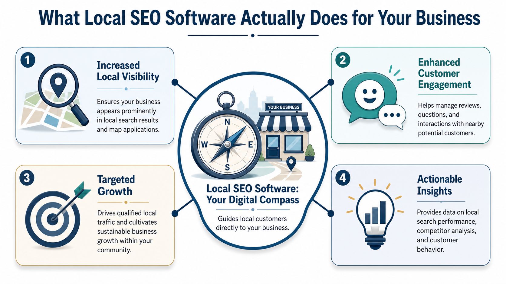 Master Local SEO Software for UK Businesses 1 - VisiLocali An infographic titled What Local SEO Software Actually Does for Your Business, highlighting benefits like visibility, engagement, growth, and insights.