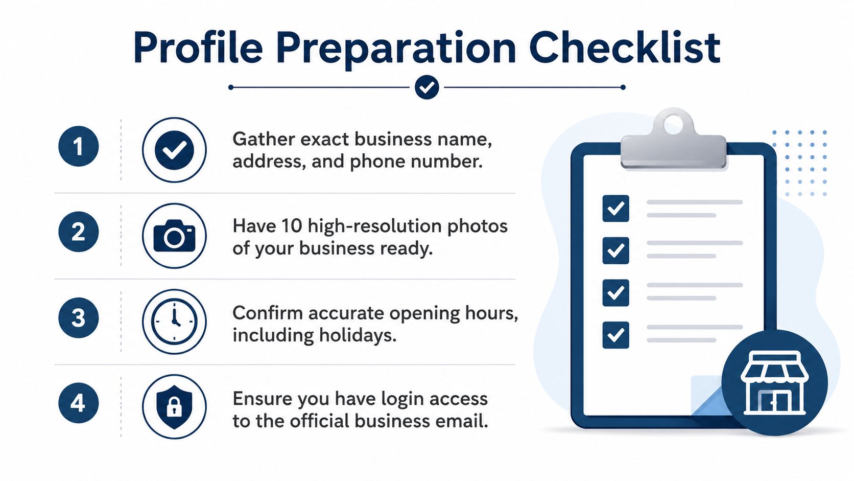How to Create a Google My Business Profile That Ranks 2 - VisiLocali A checklist infographic titled Profile Preparation Checklist, listing four essential steps for setting up a business profile.