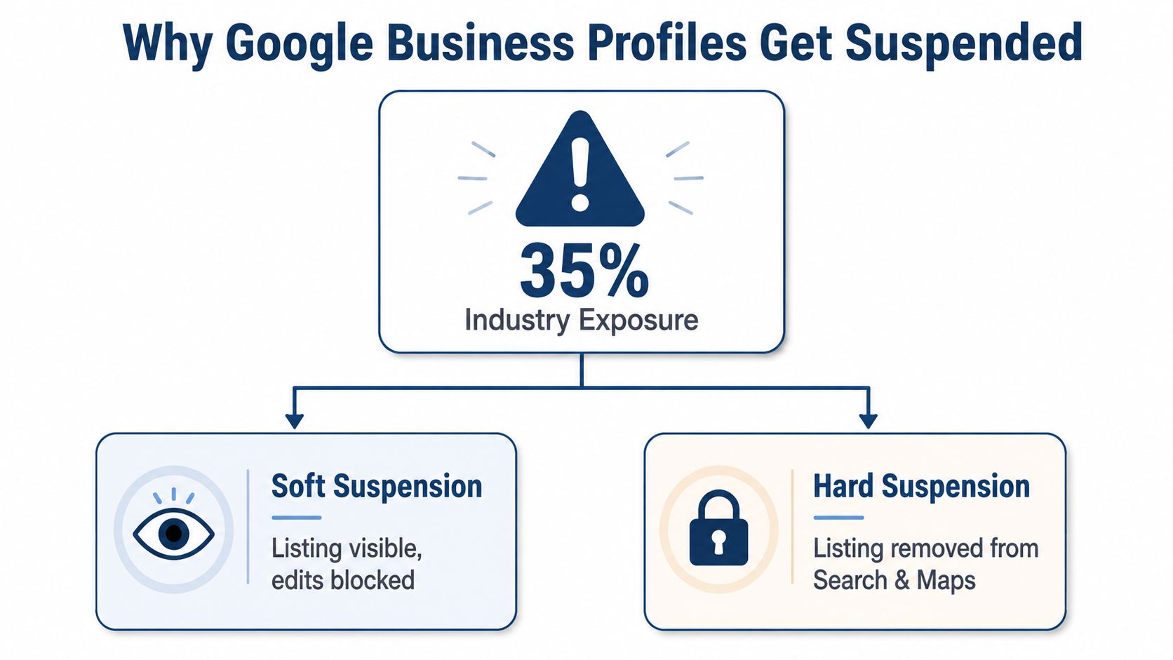Google Business Profile Suspended: Fix & Reinstatement 1 - VisiLocali An infographic showing Google Business Profile suspension types including soft suspension and hard suspension categories.