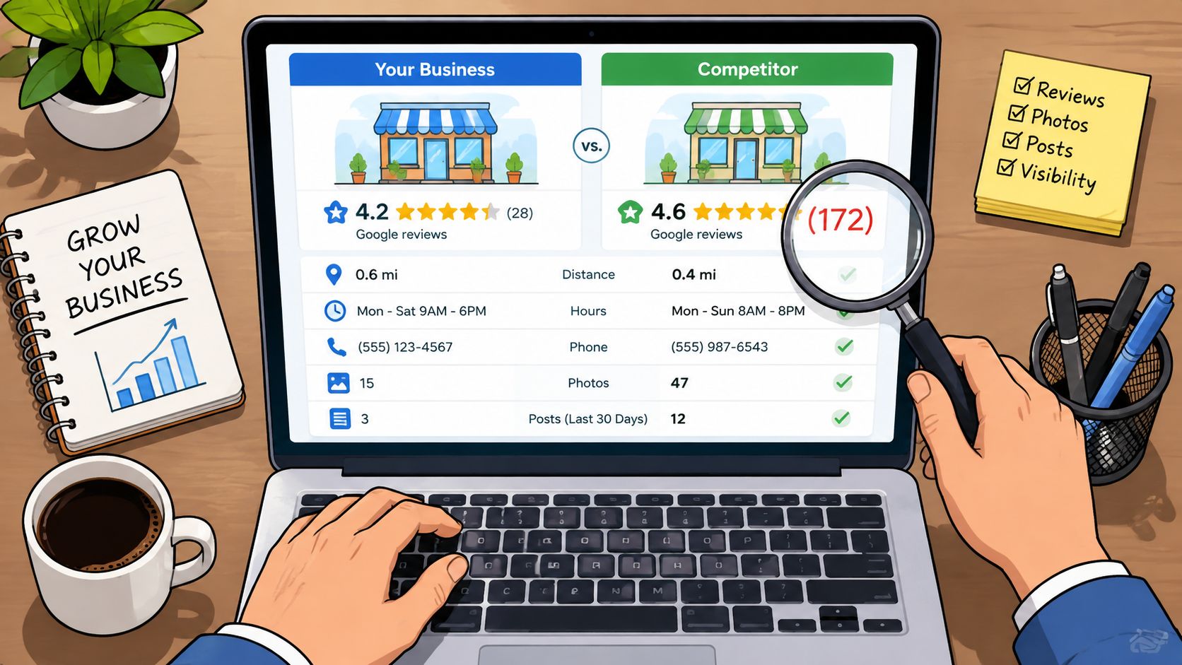 Google Map Pack Explained: How Local Businesses Win 3 - VisiLocali A person using a laptop to compare their business performance metrics against a competitor on Google Maps.
