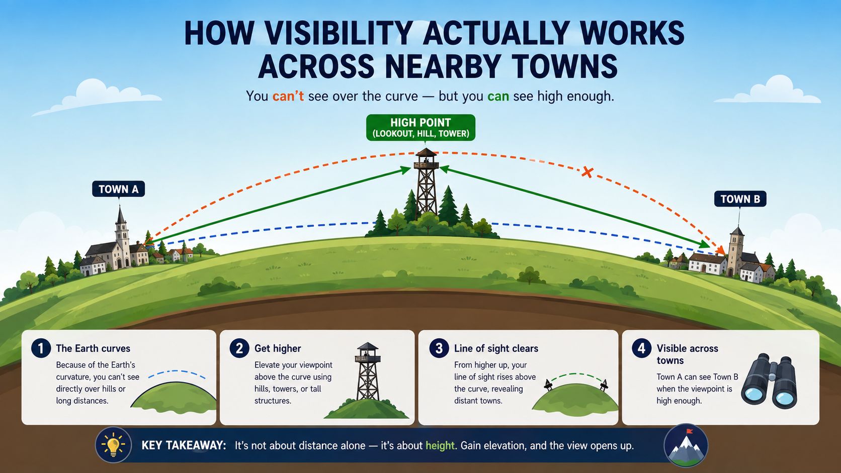 Google Maps Business Listing: The 2026 UK Setup Guide 1 - VisiLocali An infographic showing how elevating a viewpoint allows you to see over the Earth's curvature between towns.