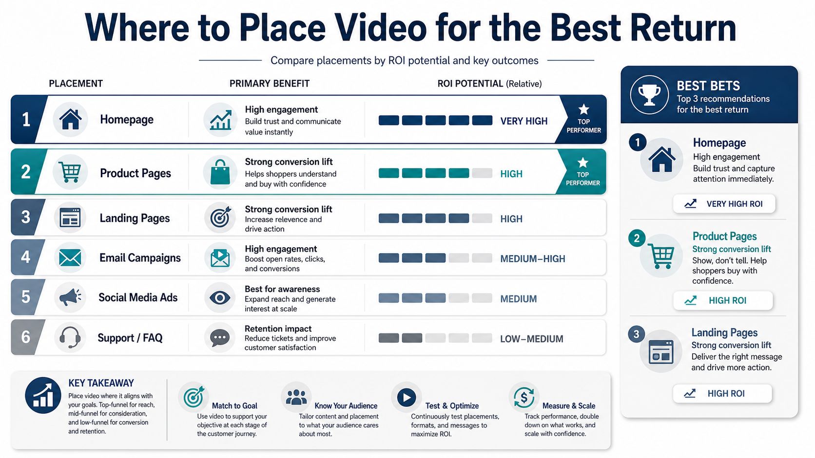 How to Optimise Video on Google Business Profile 2 - VisiLocali A chart comparing video marketing placements based on ROI potential and key business outcomes for e-commerce.