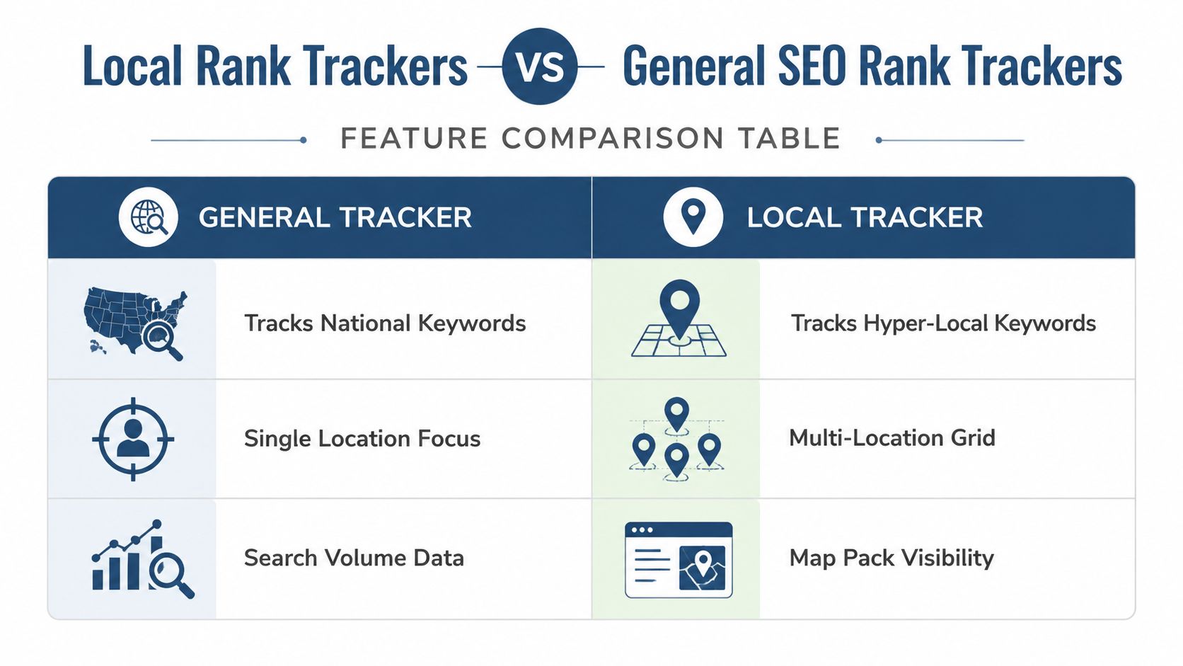 Local SEO Rank Tracker: A Guide to Map Rankings 2 - VisiLocali A comparison table contrasting the features of General SEO Rank Trackers versus Local Rank Trackers for businesses.