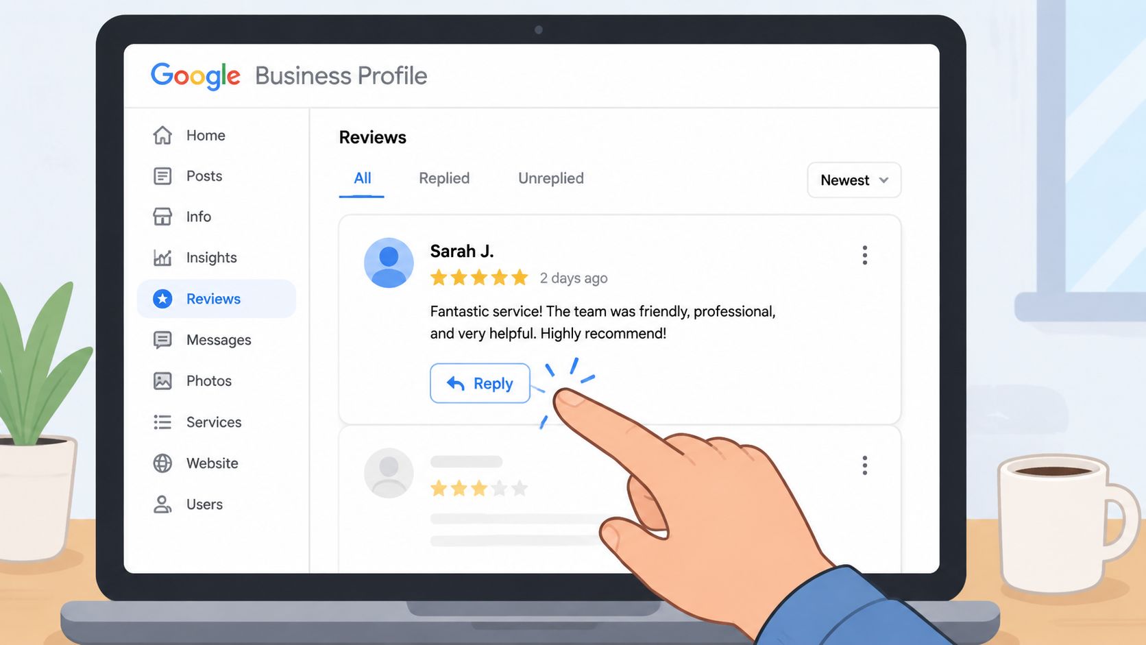 How to Respond to Reviews on Google Effectively 1 - VisiLocali A digital illustration showing a hand clicking the reply button on a Google Business Profile review.