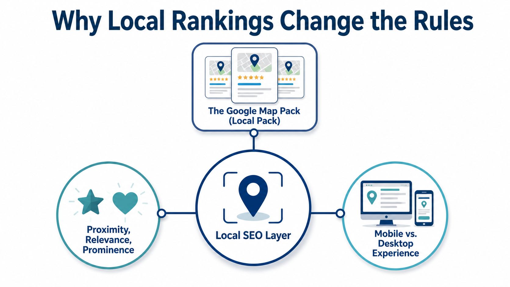 Search Engine Ranking Reports: A Practical Local SEO Guide 1 - VisiLocali A diagram illustrating factors like proximity and device experience that influence Google Local Map Pack rankings.