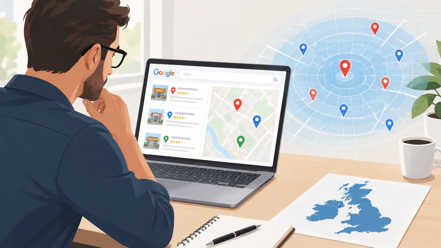 Competitor Keyword Analysis for Local SEO That Wins Maps 2 - VisiLocali A professional analyzing local search results and location data on a laptop screen for business optimization.