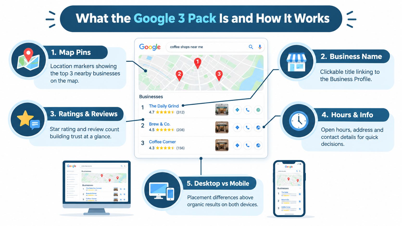 Google 3 Pack Explained How to Win More Local Customers 2 - VisiLocali An infographic explaining the components of a Google 3 Pack, including map pins, business names, ratings, and contact info.