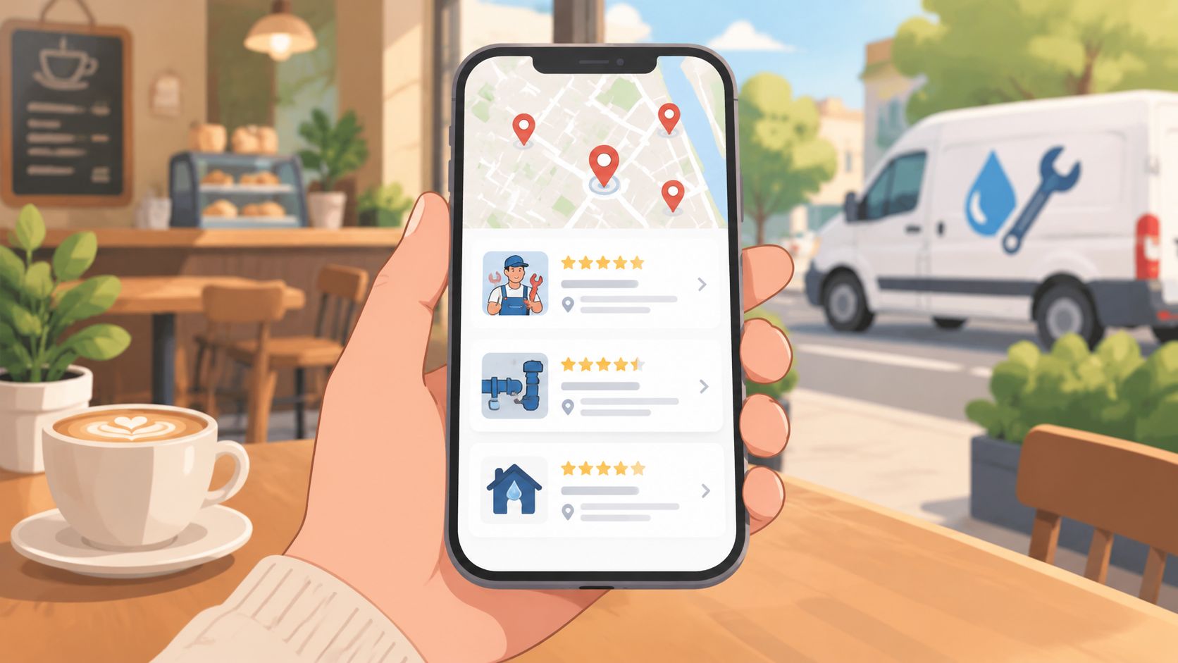 Google 3 Pack Explained How to Win More Local Customers 1 - VisiLocali A hand holding a smartphone displaying a local service map listing with professional plumber profiles and reviews.