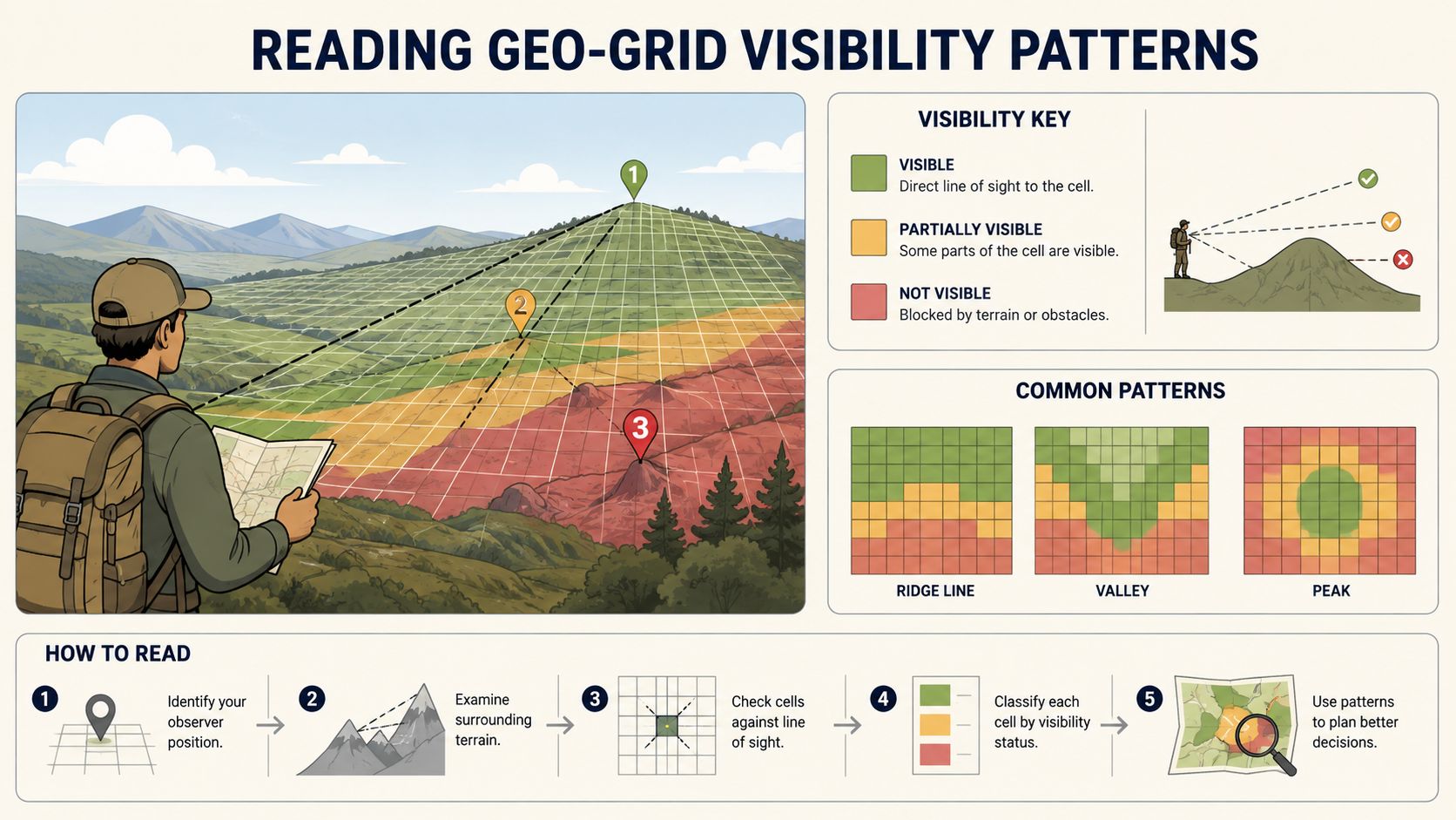 How Local Ranking Works and How to Improve It 2 - VisiLocali An infographic showing a hiker using a geo-grid system to analyze terrain visibility and map line-of-sight patterns.
