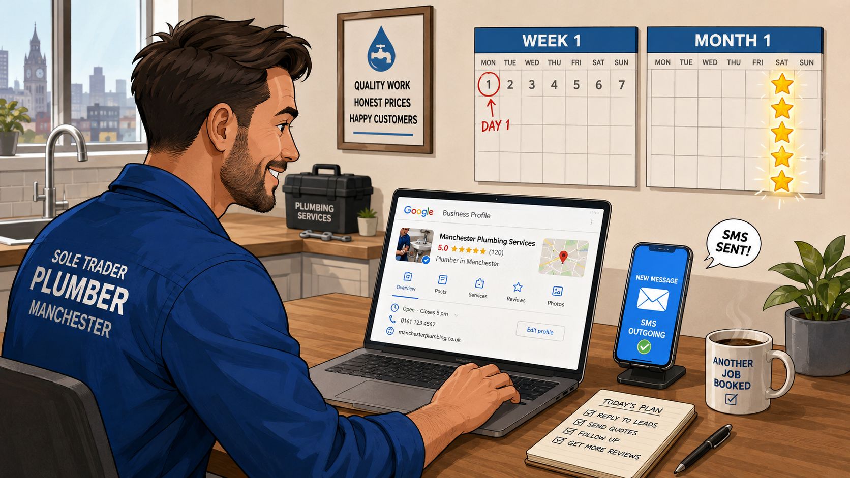 Small Business Local SEO: A Practical UK Guide 4 - VisiLocali A professional plumber in Manchester managing his Google Business Profile on a laptop to grow his business.
